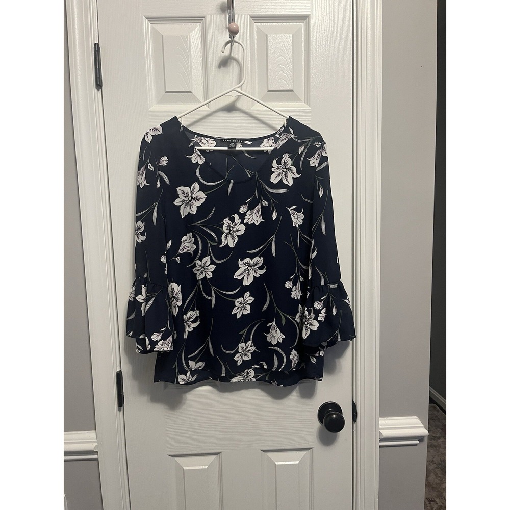 Como Black 100% Polyester Long Sleeve Navy Blue w/ White Flowers Blouse Large